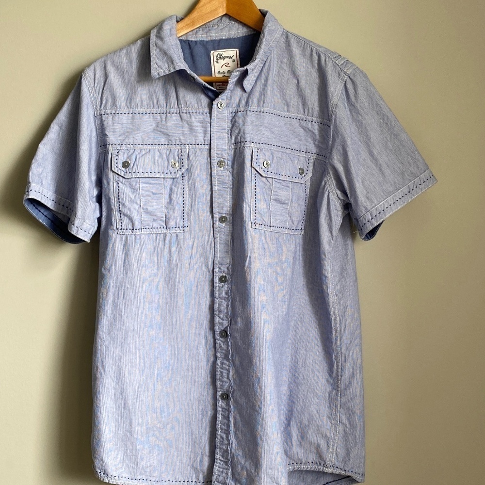 REQUEST Brand Men's Vintage Blue Pinstriped Short Sleeve Denim Shirt Size‎ Large